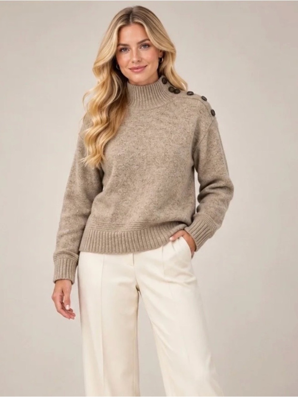 Anthropologie Taupe Button-Shoulder Mock Neck Sweater